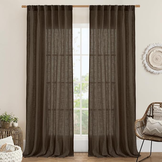 LAMIT Dark Brown Sheer Linen Curtains, 108 inch Light Filtering Semi Sheer by LAMIT