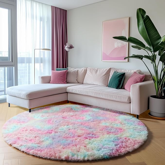 ONASAR Rainbow Round Area Rug 4ft, Soft Bedroom Circle Rugs Mats - Image 3