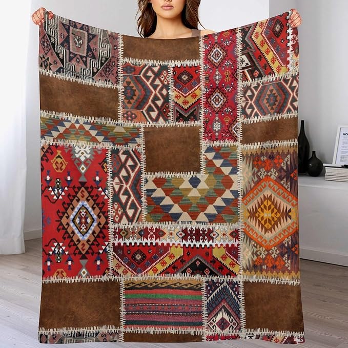 Southwest Aztec Throw Blanket, Native Bohemian Retro Patchwork Traditional - Image 8