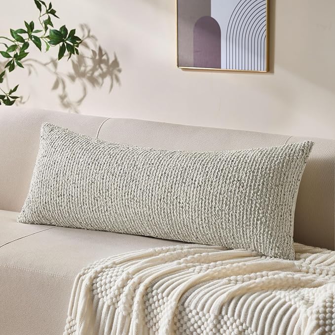 Decorative Lumbar Pillow Cover 14x36 Cream Gray Striped Wool Long Body Pillow by Allorry