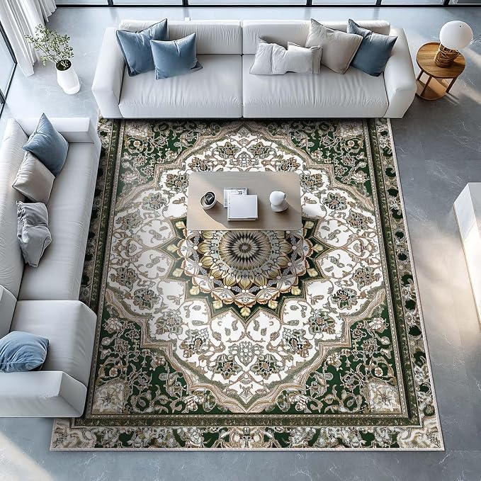 8x10 Traditional Oriental Area Rug White Dark Green Rug Non Slip Low Pile Large by Unknown