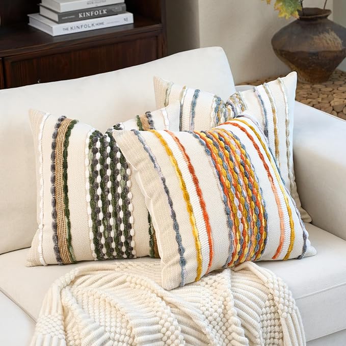 Aeckself Boho Pillow Covers 18x18 Inch Set of 2, Farmhouse Decorative Striped - Image 4