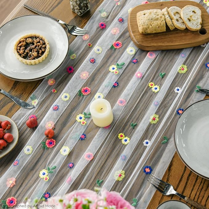 Artoid Mode Embroidery Daisy Gauze Table Runner 120 Inch 10FT, Seasonal Sheer - Image 6