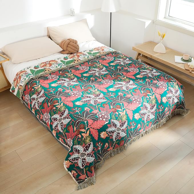 MSGKV Boho Throw Blanket for Couch Chair 100% Cotton Embroidery Floral Blanket - Image 7