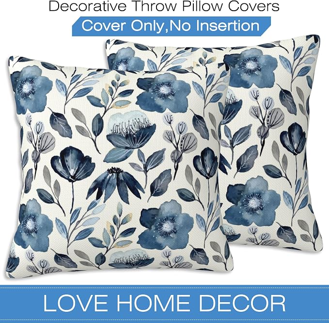 Throw Pillow Covers Blue Floral Pillow Covers 18x18 Inch Set of 2 Throw Pillows - Image 3
