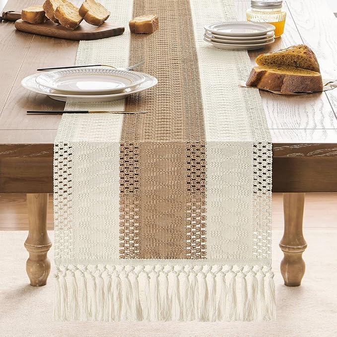 ZeeMart Macrame Style Bicolor Stitching Table Runner, 14 x 90 Inch Brown/Ivory - Image 2