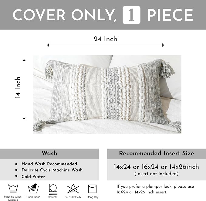 BlissBlush Gray Decorative Lumbar Pillow Cover 14x24, Boho Accent Throw Pillow - Image 3