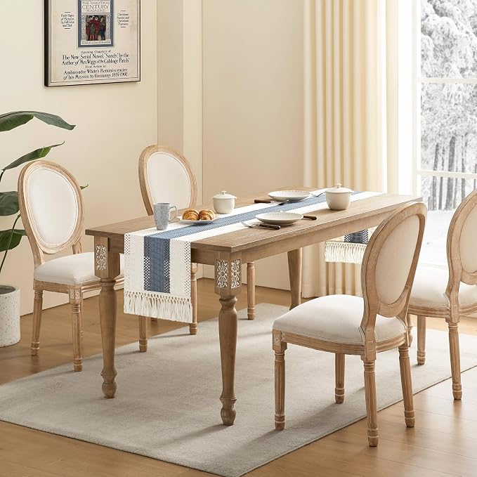 ZeeMart Macrame Style Bicolor Stitching Table Runner, 14 x 60 Inch Navy/Ivory - Image 3