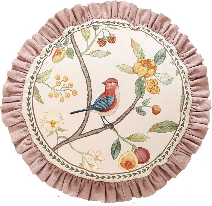 Pink Farmhouse Round Throw Pillow Covers, Birds and Flowers Pattern Cozy Velvet by bilingaier