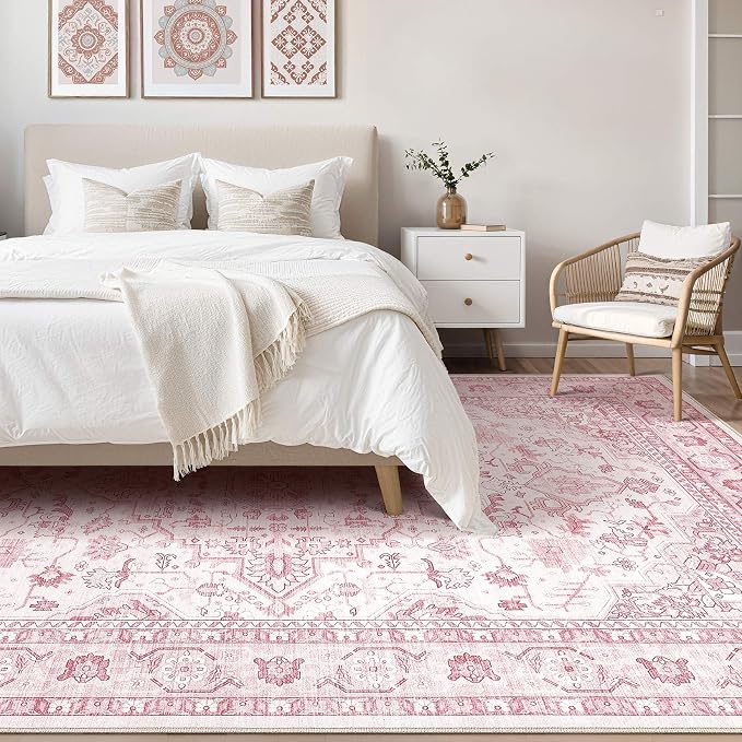 Pink Rugs for Bedroom Girls: 8x10 Washable Boho Large Neutral Cute Soft Area - Image 4