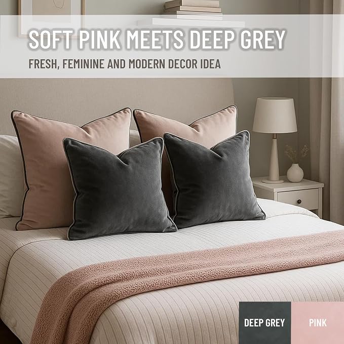 2 Pack Velvet Decorative Throw Pillow Covers, Deep Grey, Contrast Piping - Image 7