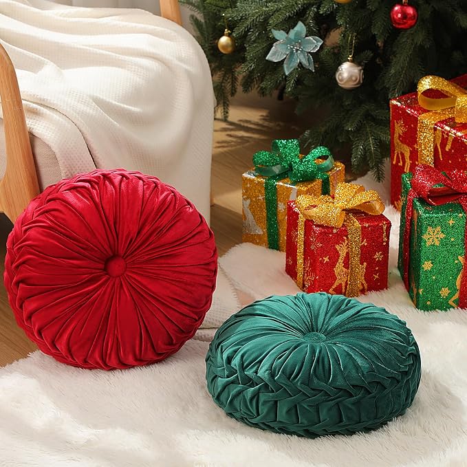 2 Pcs Round Throw Pillows 15 Inch Decorative Velvet Pleated Pumpkin Floor Boho - Image 7