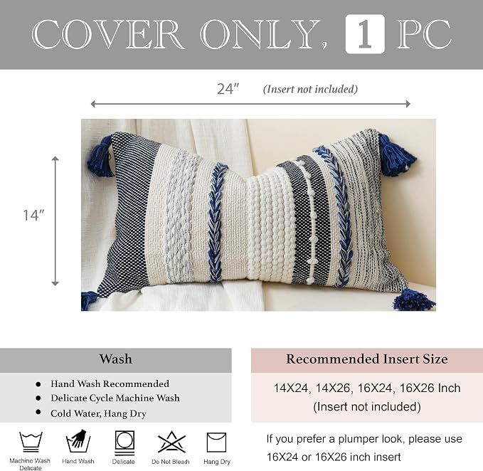 BlissBlush Decorative Lumbar Throw Pillow Cover 14x24 Boho Dark Blue Accent - Image 5