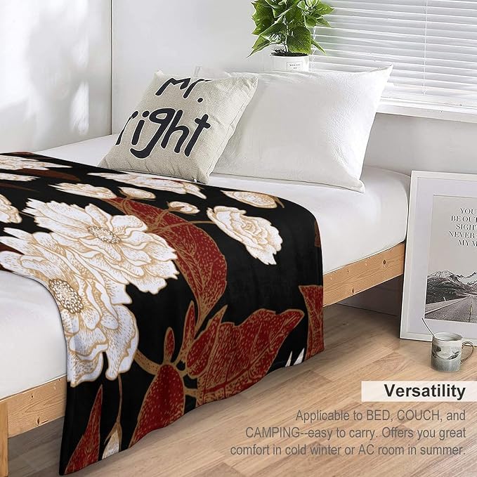 Red Gold Floral Blanket, Boho Dark Flower Leaves Chinese Plum Blossoms - Image 5