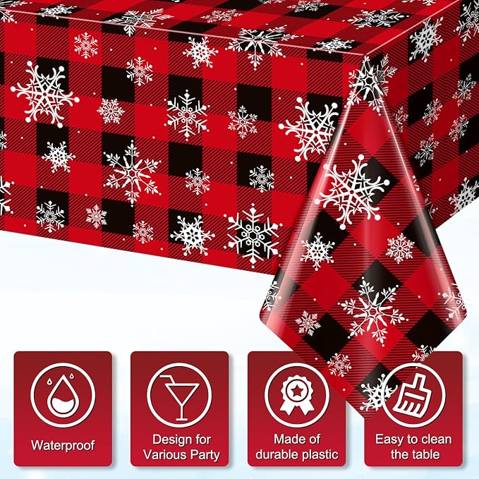 3 Pieces Red and Black Buffalo Plaid Merry Christmas Party Tablecloth - Image 3
