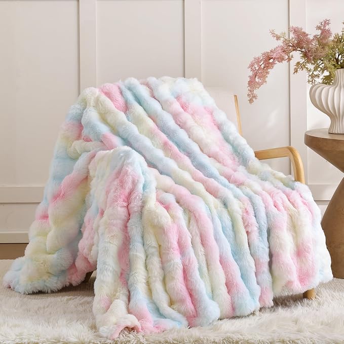 Smoofy Faux Fur Throw Blanket for Couch – Rainbow Fluffy Cozy Rabbit Fleece by SMOOFY