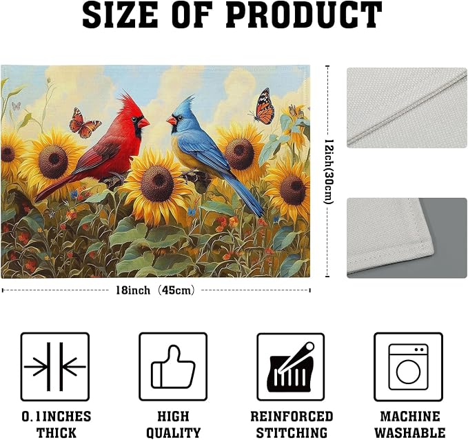 Giwawa Sunflower Birds Placemats Set of 4, Summer Sun Flower Butterflies Linen - Image 4