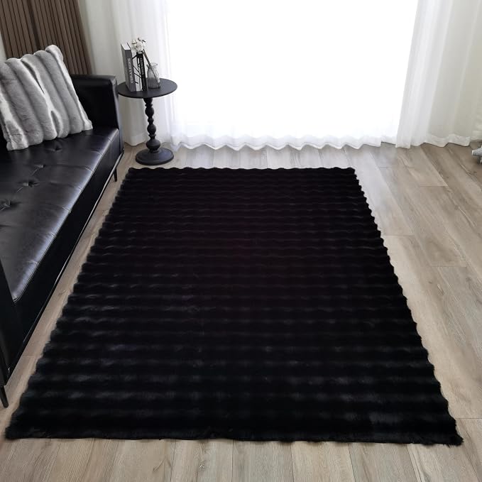 GLORY RUGS Area Rugs Bubble Soft Faux Rabbit Fur Rug 5x7 Polar Black Plush by GLORYRUGS