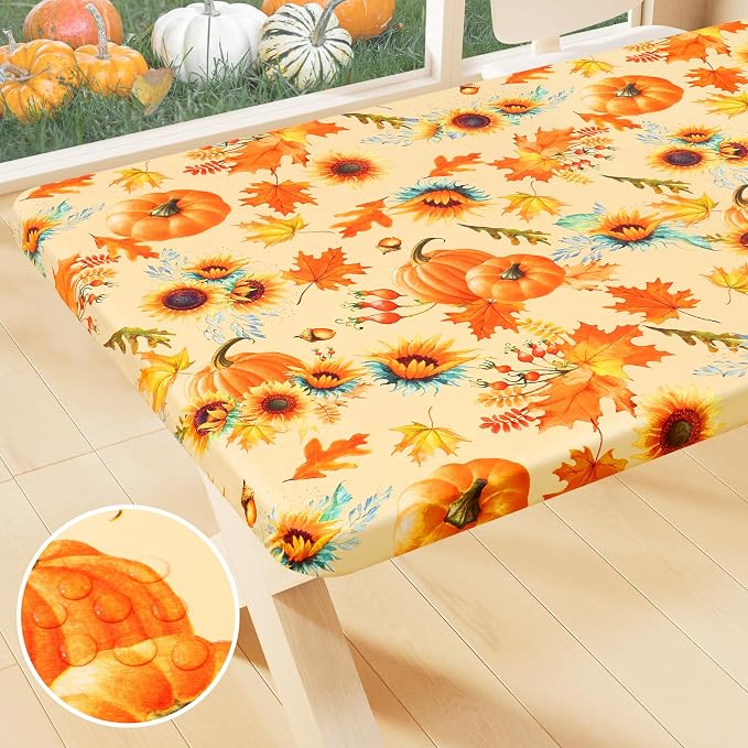 Smiry Plastic Thanksgiving Tablecloth, Sunflower & Pumpkin Waterproof Elastic by Smiry