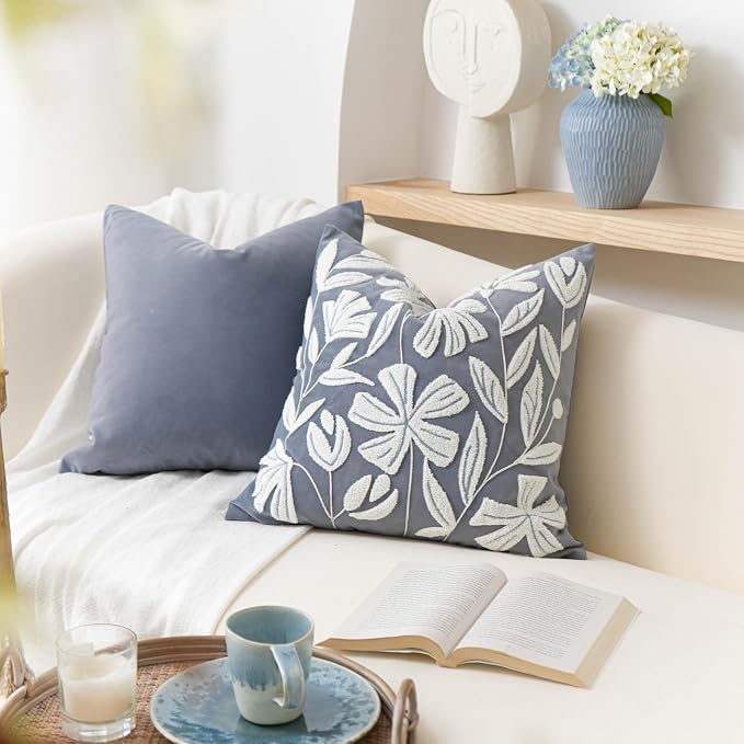 BlissBlush Blue Velvet Decorative Throw Pillow Cover 20X20, Flower Tufted Soft - Image 8