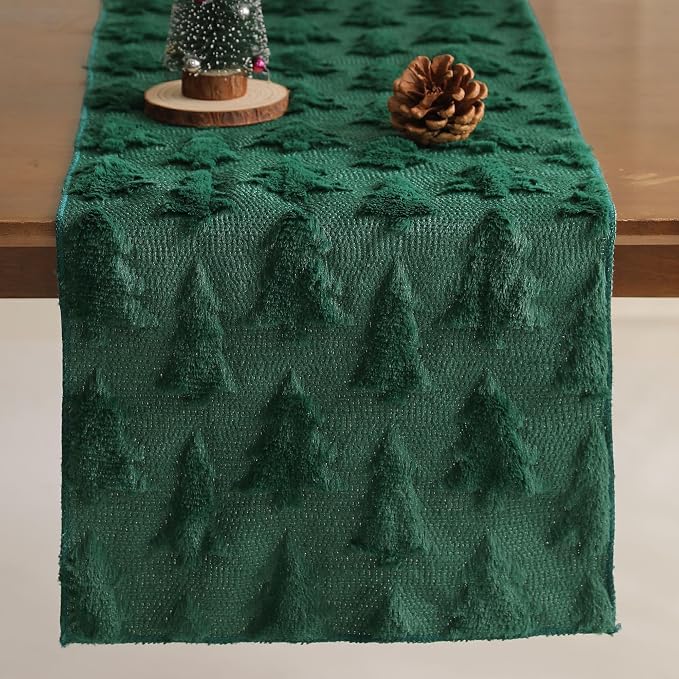 Christmas Tbale Runner 13x36 Inch Soft Plush Faux Fur Jacquard Green Big Small by Unknown