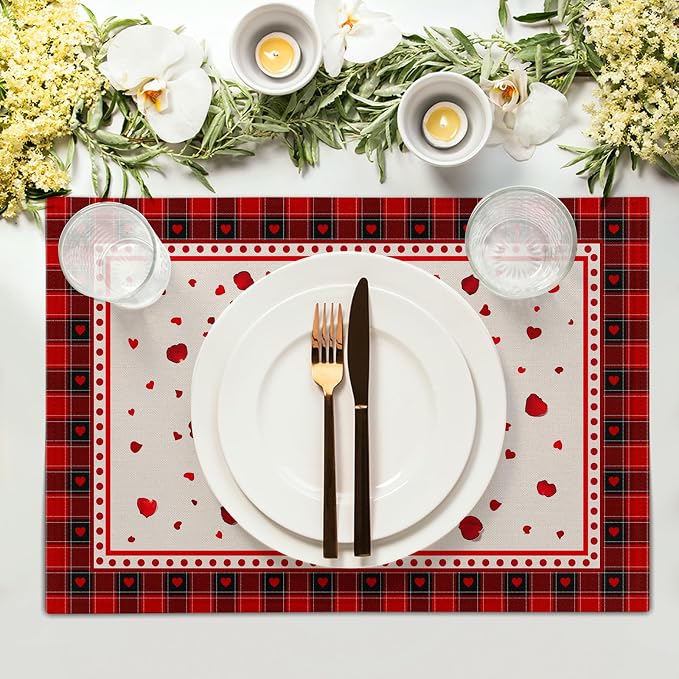 Giwawa 4PCs Valentines Day Placemats 12x18 Inch Love Hearts Rose Flower Place - Image 3