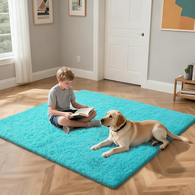Teal Blue Rug Fluffy Rug, 8x10 Teal Area Rugs - Image 4