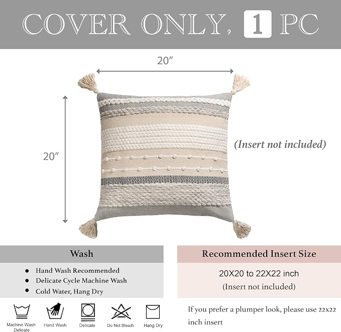 BlissBlush Gray Boho Throw Pillow Cover 20x20 Grey Decorative Accent Pillow - Image 3