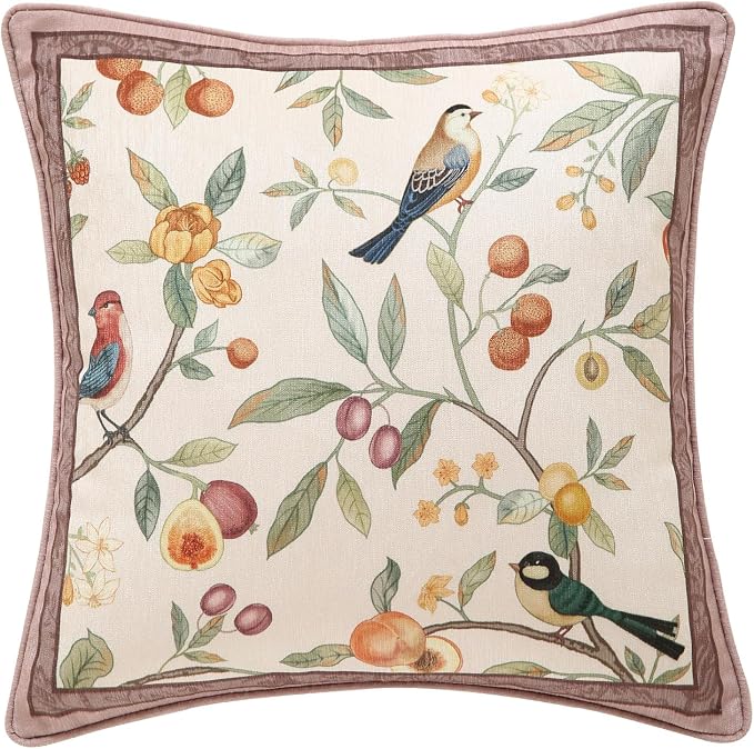 Square Pink Farmhouse Throw Pillow Covers, Birds and Flowers Pattern Cozy by bilingaier