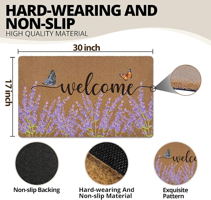 Lavender Floral Welcome Door Mat, Rustic Floral Butterfly Welcome Front Door - Image 3