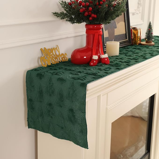 Christmas Tbale Runner 13x36 Inch Soft Plush Faux Fur Jacquard Green Big Small - Image 4