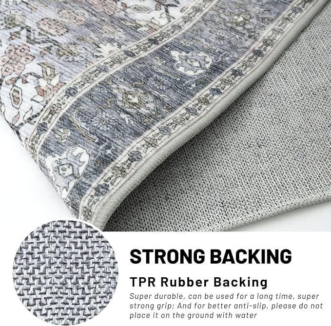 KUTA Vintage Floral Area Rug 6x9 Grey Blue, Washable Rugs - Image 6