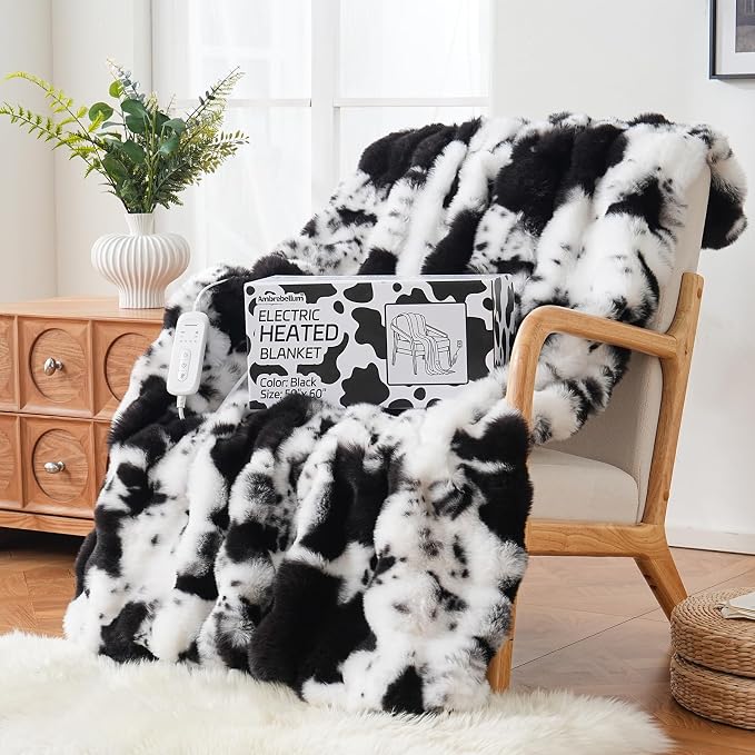 Cow Print Heating Throw Blankets Luxurious Western Soft Bubble Faux Rabbit Fur - Image 6
