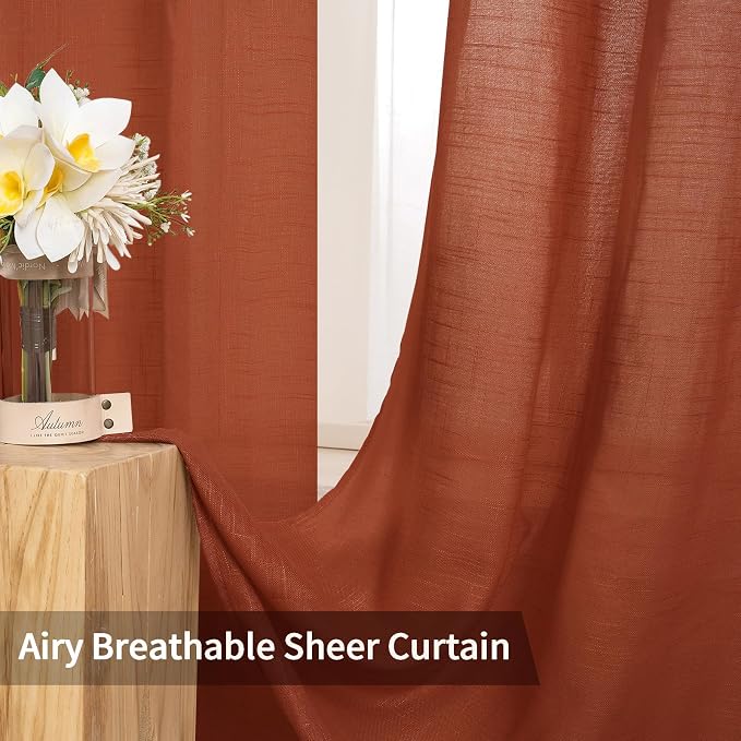 MIULEE Burnt Orange 2 Panels 84 Inch Long Farmhouse Linen Sheer Window Curtains - Image 5