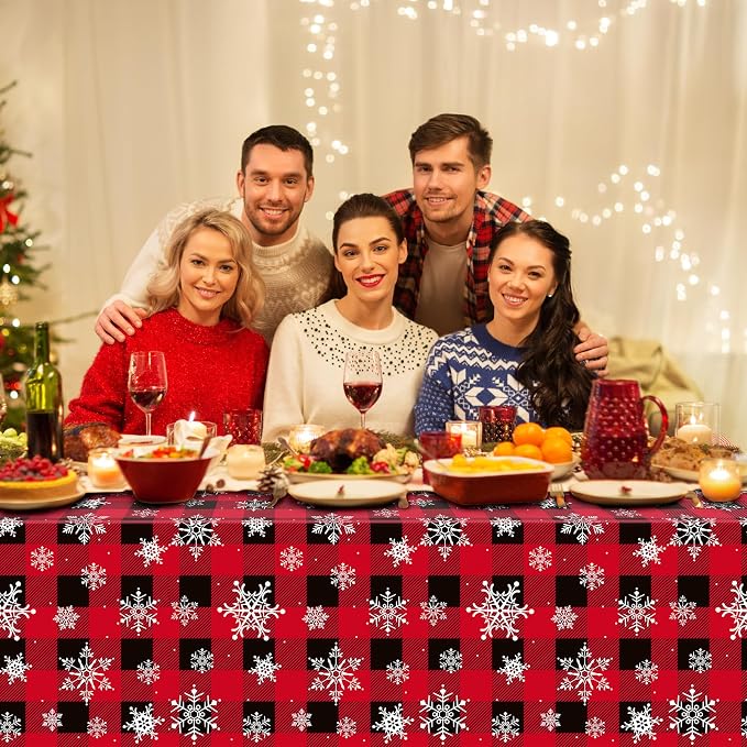 3 Pieces Red and Black Buffalo Plaid Merry Christmas Party Tablecloth - Image 6