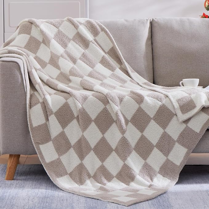 WRENSONGE Checkered Throw Blanket, Taupe Soft Cozy Fluffy Warm Hand Made Throw by WRENSONGE