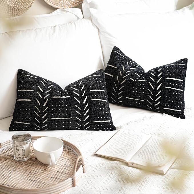BlissBlush Black Decorative Lumbar Throw Pillow Covers 12X20, Boho Farmhouse by BlissBlush