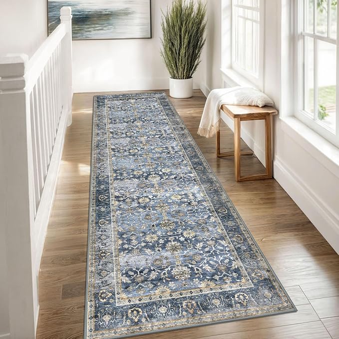 KUTA Vintage Washable Runner Rug, 2.6x8 Blue Grey Beige Runners - Image 3
