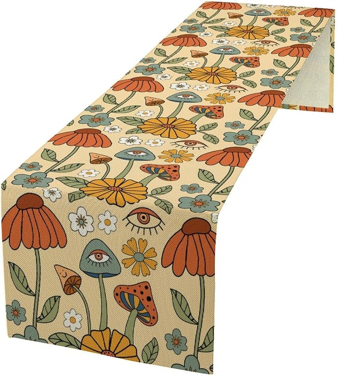 Wes70's Boho Mushroom Table Runner, Retro Kitchen Groovy Hippie Funky Table by ShiTingYu