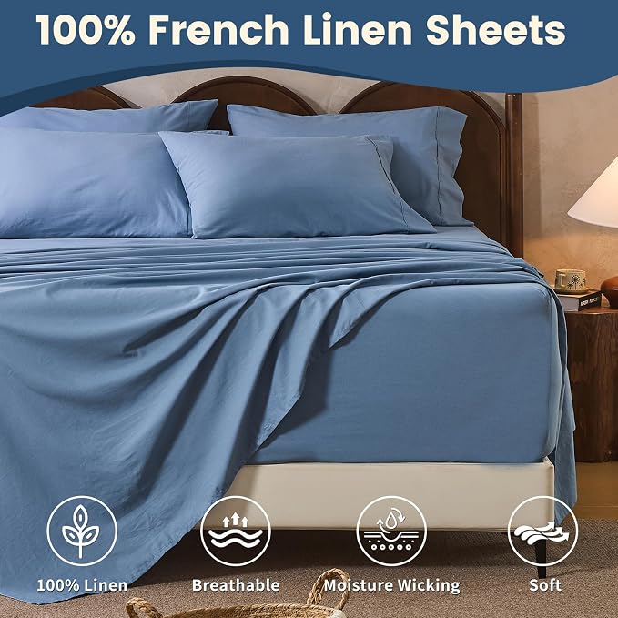100% Linen Sheet Set Cal King Size Extra Deep Pocket Fits 18-24 Inch Mattress - Image 4