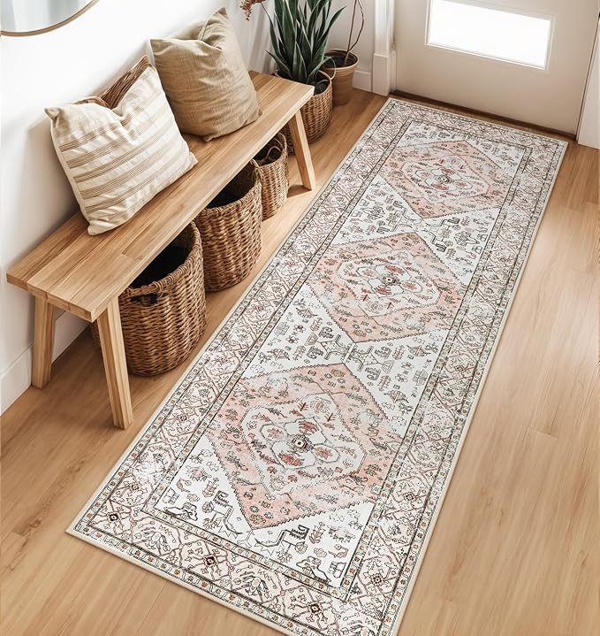 Lahome Boho Washable Non-Slip Pink Rug by Lahome