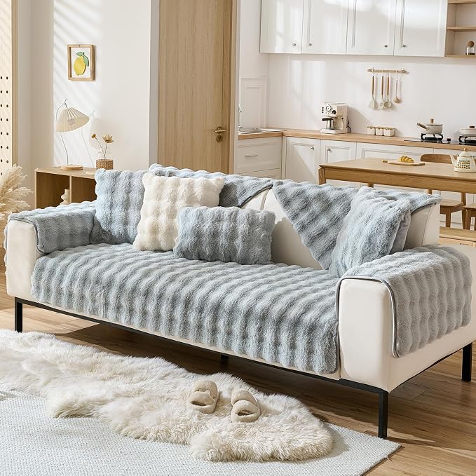 Faux Fur Couch Cover Fuzzy Soft Plush Thick Bubble Sofa Cover Luxury Sectional - Image 3