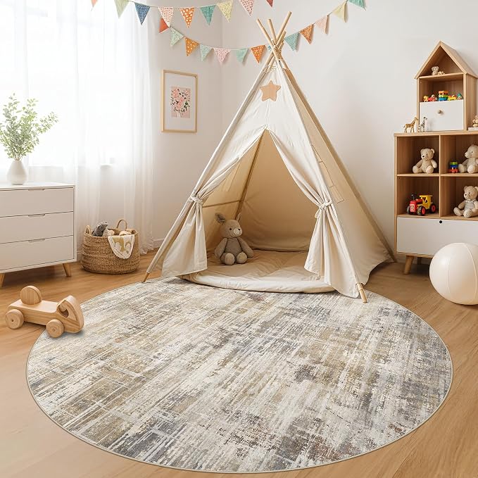 6ft Round Area Rug for Living Room: 6x6 Washable Neutral Abstract Modern Soft - Image 8