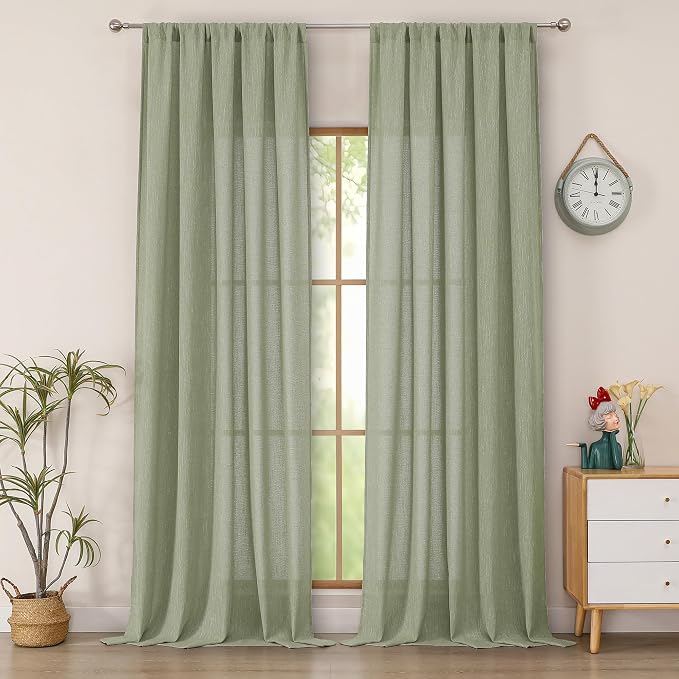 Simplebrand Sage Green Semi Sheer Faux Linen Textured 120 Inches Long Curtains by Simplebrand