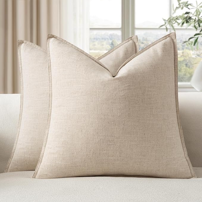 EMEMA Decorative Linen Throw Pillow Covers 24x24 Inch Natural Beige Boho by EMEMA