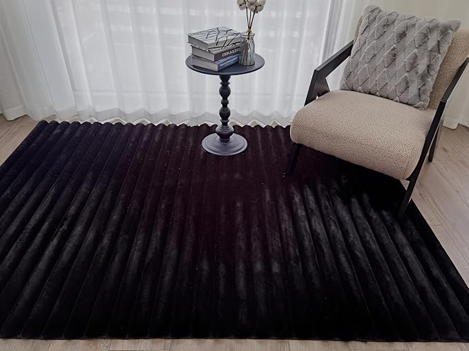 GLORY RUGS Area Rugs Striped Soft Faux Rabbit Fur Rug 8x10 Becky Black Plush - Image 3