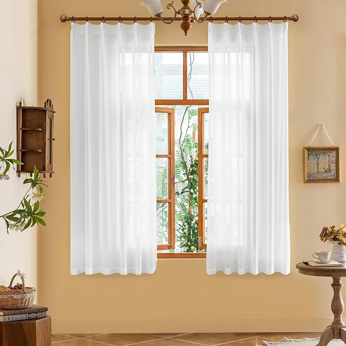 White Pinch Pleat Curtains 63 Inches Long Light Filtering Sheer Curtain Panels by MAIHER