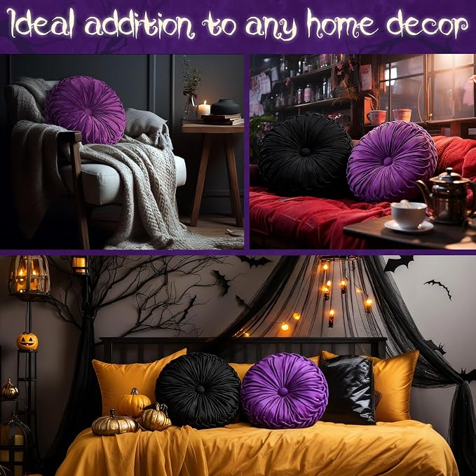 2 Pcs Round Throw Pillows 15 Inch Decorative Velvet Pleated Pumpkin Floor Boho - Image 6