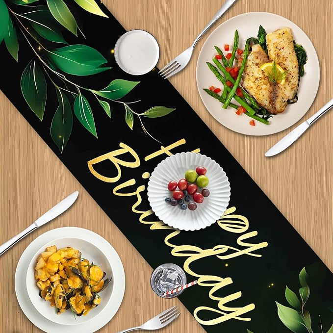 Happy Birthday Table Runner – Green Leaf and Gold Lettering Party Table Decor – - Image 5
