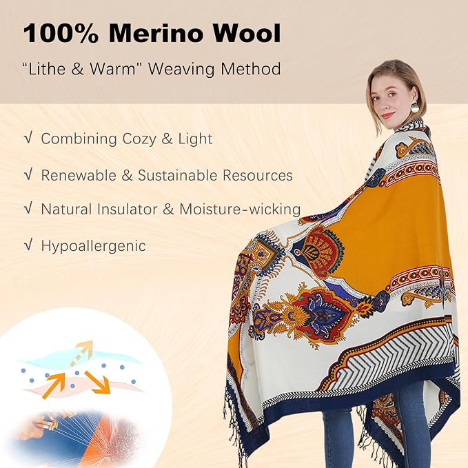 DANA XU 100% Merino Wool Extra Large Pashmina Blanket Travel Scarf Cashmere Wrap - Image 4